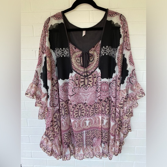 FREE PEOPLE Bohemian Tunic Top Dress Dusty Rose & Gray Brown Size S/P 🌸 - Picture 2 of 16